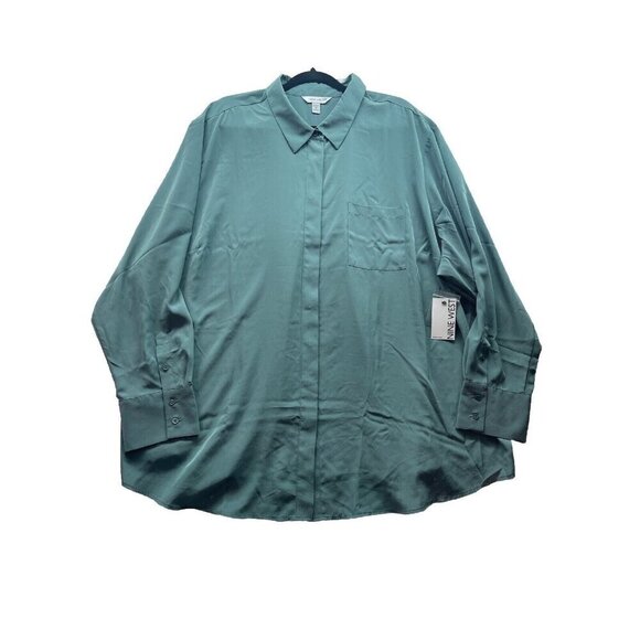 NWT Nine West Women's Plus 4X Teal Green Long Sleeve Button Down Shirt Blouse - Picture 1 of 7